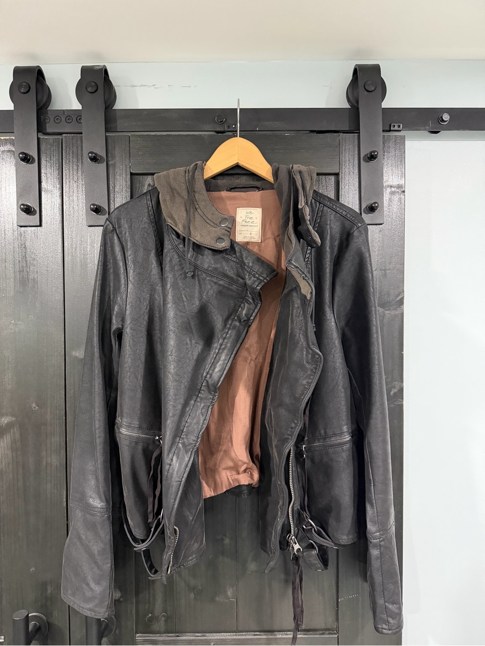 We The Free Vegan Black Leather Utility Jacket with Brown Hood Lining